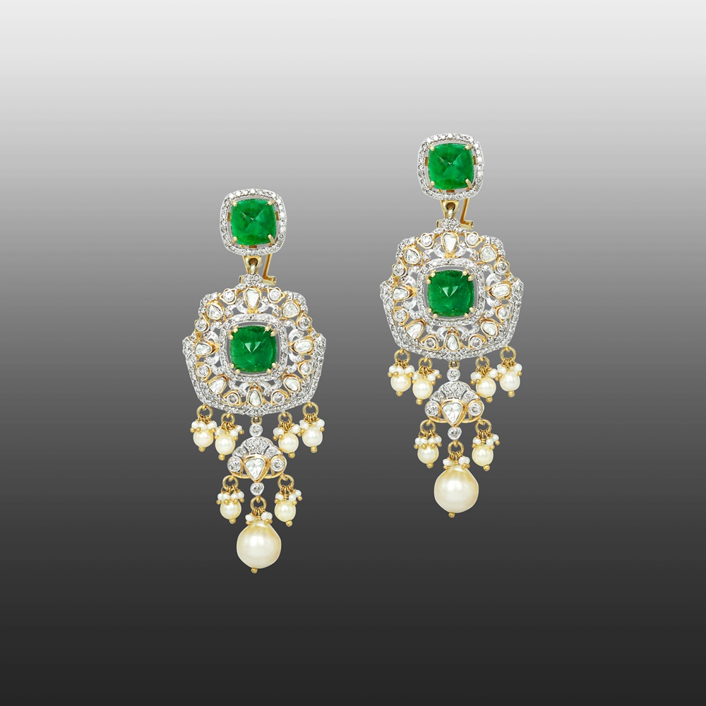 Emerald and Polki Earrings with Pearls
